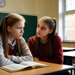 **A supportive teenage mentor listening attentively to a troubled teenage girl in a school setting, emphasizing empathy and guidance. Soft, warm lighting.**