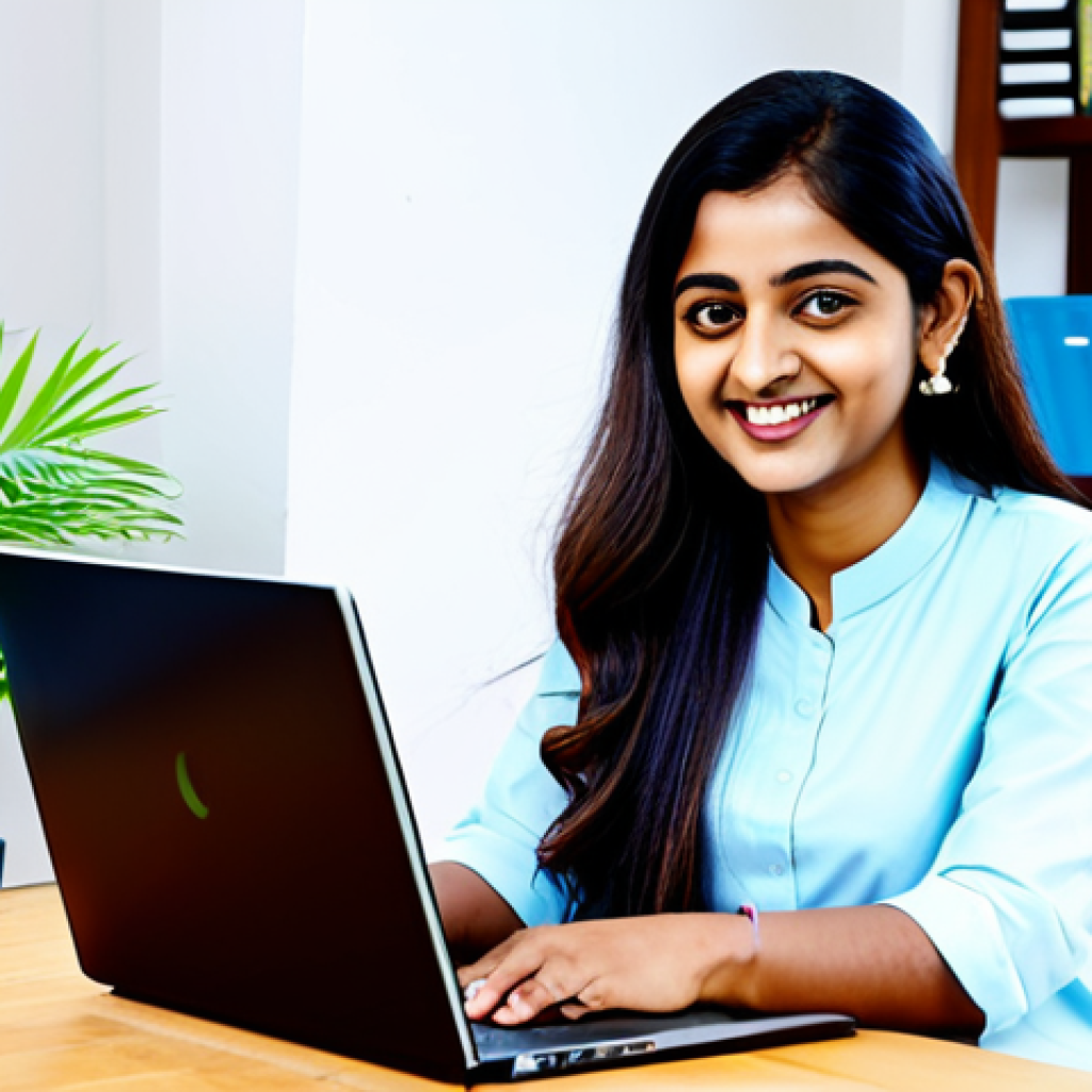 **
A professional young Bengali woman, fully clothed in a modest business casual outfit (khameez and dupatta acceptable), smiling confidently while using a laptop in a bright, modern co-working space filled with other young professionals. Background includes bookshelves and plants. Perfect anatomy, natural pose, well-formed hands, proper finger count, appropriate content, safe for work, professional, family-friendly.
**