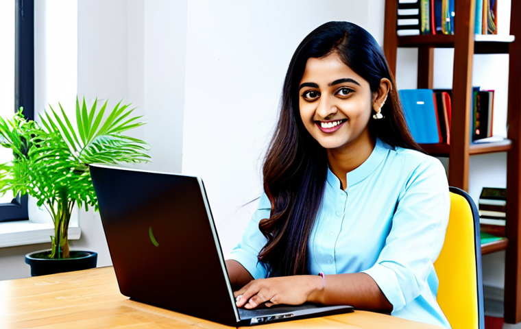 **
A professional young Bengali woman, fully clothed in a modest business casual outfit (khameez and dupatta acceptable), smiling confidently while using a laptop in a bright, modern co-working space filled with other young professionals. Background includes bookshelves and plants. Perfect anatomy, natural pose, well-formed hands, proper finger count, appropriate content, safe for work, professional, family-friendly.
**