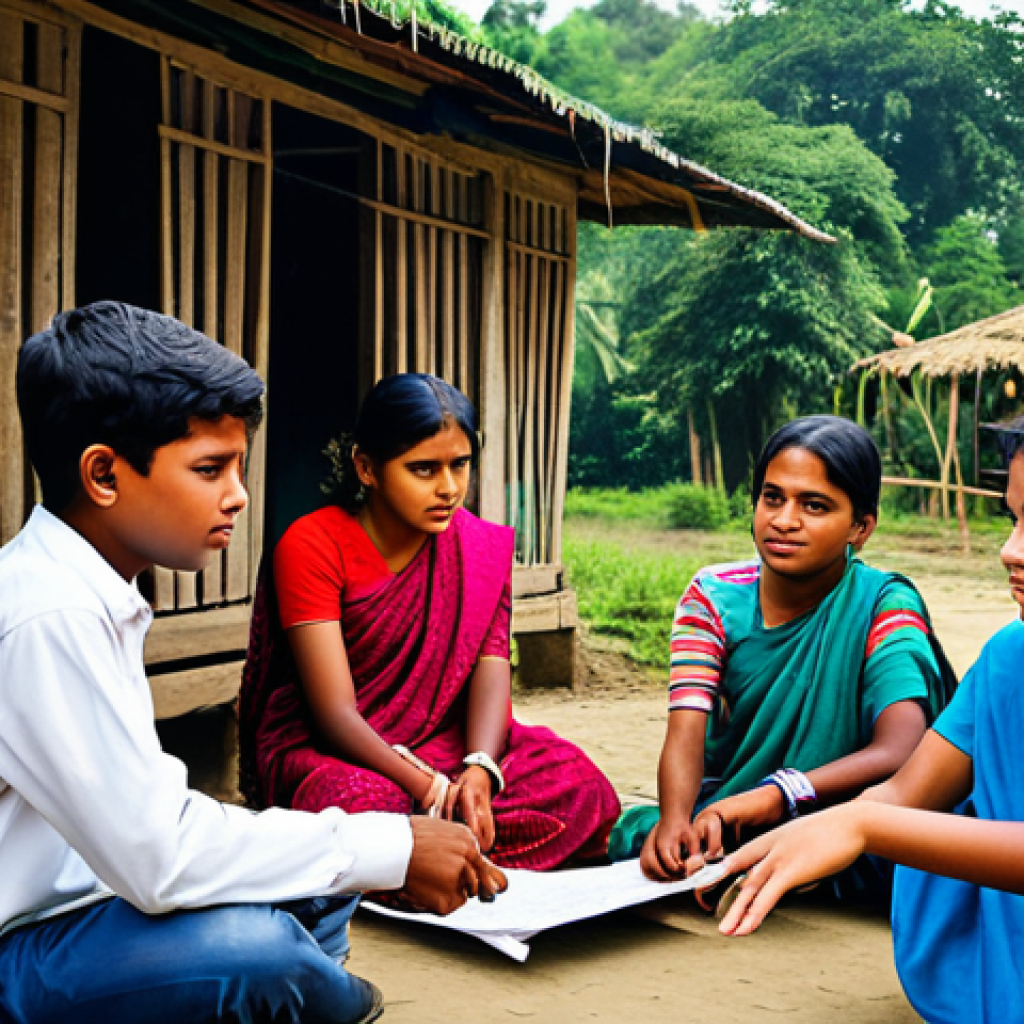 **
A group of fully clothed young leaders conducting a workshop for teenagers in a rural village in Bangladesh. The scene shows a vibrant discussion on social values and responsibilities. Modest attire, appropriate content, safe for work, perfect anatomy, natural proportions, professional photography, high quality.
**