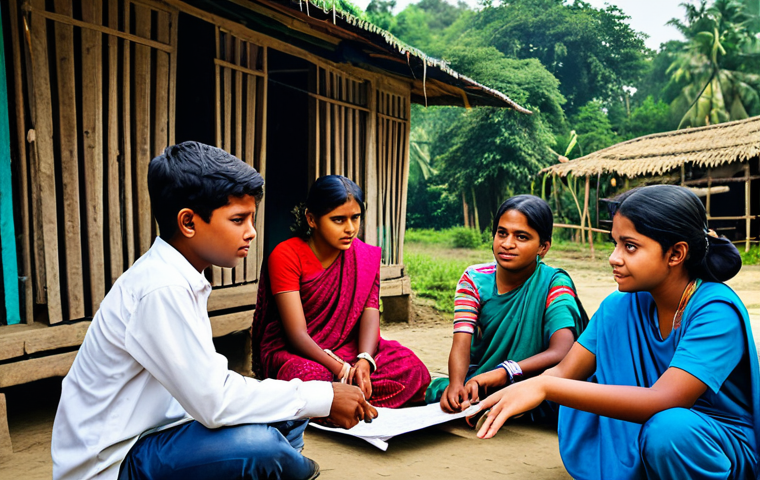 **
A group of fully clothed young leaders conducting a workshop for teenagers in a rural village in Bangladesh. The scene shows a vibrant discussion on social values and responsibilities. Modest attire, appropriate content, safe for work, perfect anatomy, natural proportions, professional photography, high quality.
**