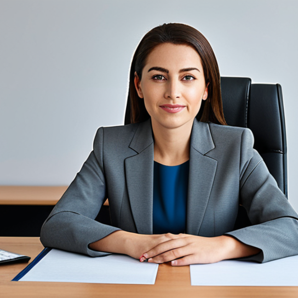 A professional woman in a modest business suit, sitting at a desk in a modern office. She is fully clothed in appropriate attire, safe for work. The image should have perfect anatomy and natural proportions. This is a professional photography with high quality.