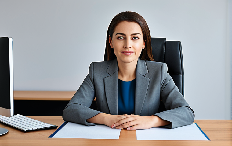A professional woman in a modest business suit, sitting at a desk in a modern office. She is fully clothed in appropriate attire, safe for work. The image should have perfect anatomy and natural proportions. This is a professional photography with high quality.