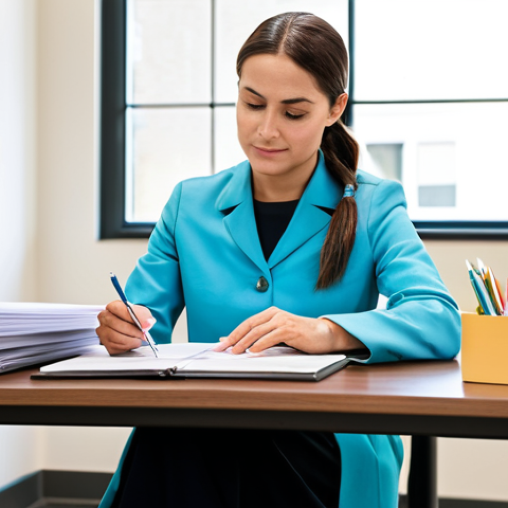 청소년지도사 업무일지 서식 공유 - **
A professional female social worker, fully clothed in modest attire, sitting at a desk in a brig...