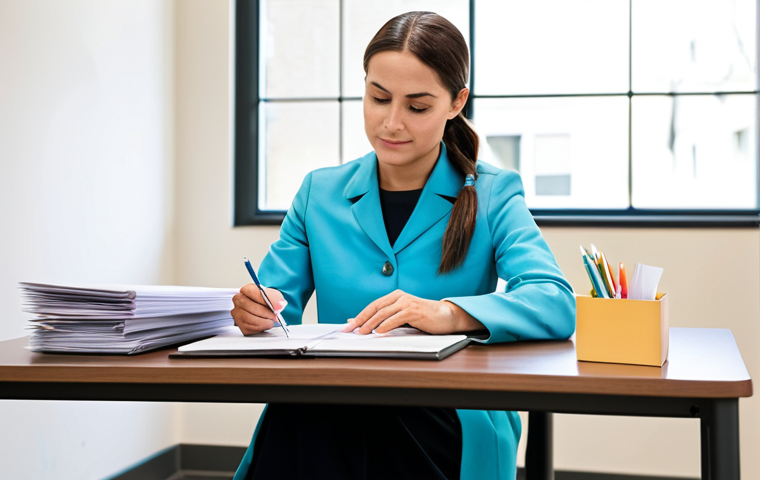 청소년지도사 업무일지 서식 공유 - **
A professional female social worker, fully clothed in modest attire, sitting at a desk in a brig...