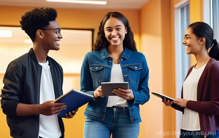 청소년지도사 시험 일정 및 준비 - **Prompt:** A diverse group of four young adults, aged 18-24, smiling and looking inspired, standing...