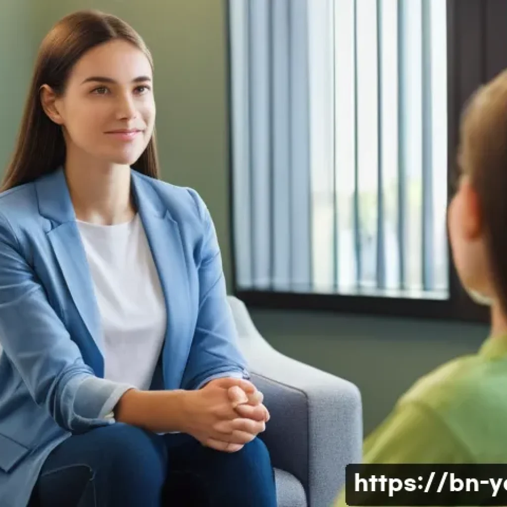 청소년지도사와 청소년 문제 해결 아이디어 공유 - **Prompt:** A compassionate and supportive female counselor, in her late 30s to early 40s, with a wa...